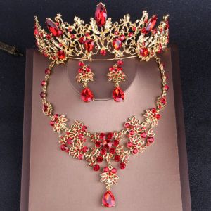 Halsband barock vintage guldfärg röd kristall brud smycken set rinsten tiaras krona choker halsband örhängen bröllop tillbehör