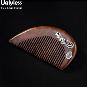 Schmuck Uglyless Ethnic Thai Silver Phoenix Peacock Combs for Women Real 925 Silver Hair Combs Natural Wood Sandelwood Health Care Gifts