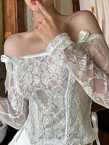 İş elbiseleri hzdazrl kadın y2k dantel uzun kollu üst çiçek kapalı omuz mahsul üstleri tee seksi ince fit tişörtler bluz