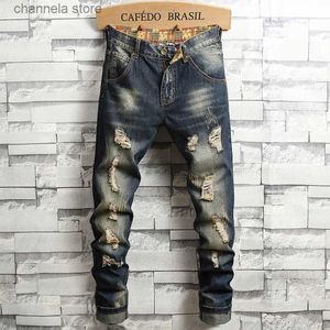 Mäns jeans 2024 Spring New Estruerad Ripped Jeans Mens Hip-Hop High Street Korean Fashion Slim Stretch Hole Denim Trousers T240227