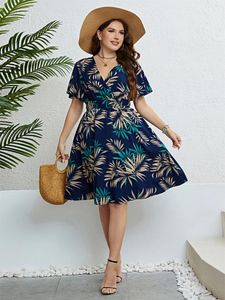 Plus Size Dresses Floral Print V-Neck Women Waisted Short Ruffle Sleeves A-Line Bohemian Casual Lady Vacation Women's Clothing