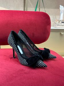 2024 Elegant Woman heel sandal Bridal net bow Love 85mm Strass Embellished pointed-toe pump plain pin heels jewels black white mesh calf leather dress high heels shoes