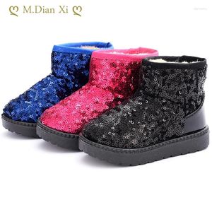 Boots Children Sequin Snow For Girls Furry Overshoes Winter Keep Warm Soft Flats Kids Bling Party Cotton Shoes 4-12Y