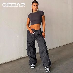 CIBBAR Sportliche Baggy-Hose mit niedriger Taille, lässige Patchwork-Taschen, Kordelzug-Cargohose, weibliche Jogger-Mode, graue Jogginghose 240222