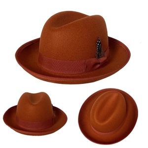 Sombrero cappello fedora arco piuma accessori piccolo bordo flip mens top retrò jazz gorras para hombres 240219
