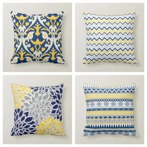 Pillow Navy Blue Yellow And Grey Floral Background Tribal Pattern Cover 60 Sofa Upholstery 45 Home Decor