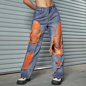 Dżinsy damskie 2024 For Women Trendy Hole High talia prosta noga spodni panie luźne streetwearne dżinsowe spodnie