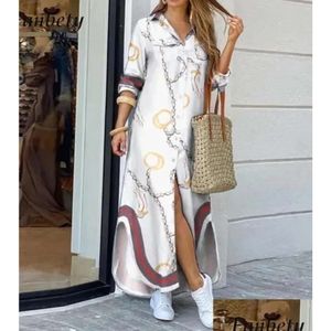 Casual Kleider Mode Frauen Langarm Hemd Kleid Frühling Gedruckt Ol Laides Turndown Kragen Lose Sommerkleid Party Kleidung S-3XL