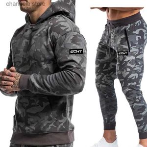 Herrspårsuits 2021 Nya sportdräkter Mensuppsättningar märke Fitness Suits Autumn Long Sleeveve Camouflage Hoodies+Pants Gyms Running Sportswear Suit T240227