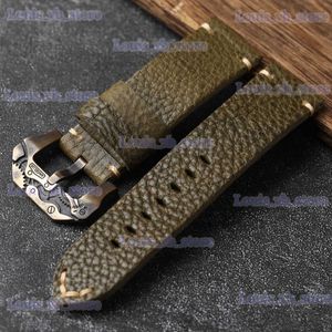 Watch Bands Handmade First Layer Cowhide Bracelet Adaptable Bronze Bracelet 20 22 24 26mm Green Bronze Mechanical Buckle Men Bracele T240227