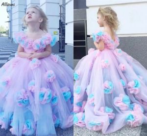 Ganska färgglada blommaflickor klänningar från axel puffy 3d blommor prinsessor bollklänningar Little Girl's Formal Birthday Wedding Dress Toddder Första nattvardsklänningar