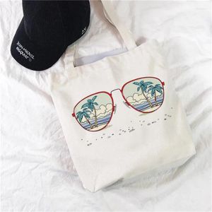 Shopping Bags 2024 Cute Cartoon Funny Glasses Painting Women's Cotton Handbag Tote Bag Harajuku Kawaii Print Reusable Shoulder Korean Wave