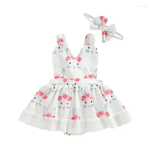 Rompers 2024-12-01 LIORITIIN 0-18m Easter Spädbarn Girls Dress Rabbit Print Halter Neck ärmlös spetsskjolkroppar med huvudbonader