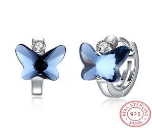 Puro 925 prata esterlina azul borboleta crioulo hoop brincos para mulheres presente cristal jóias finas cor prata acessórios festa br4447356