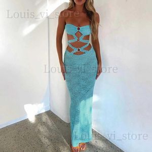 Basic Casual Dresses hirigin Sexy Women Long Bodycon Dress Lace Hollow-Out Boat Neck Strapless Tube Dress Summer Backless Fashion Party Dress T240227