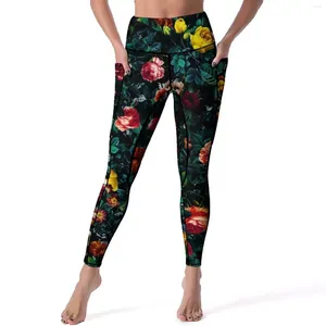 Active Pants Vintage Leaf Print Leggings Night Garden Floral Gym Yoga Push Up Elastic Sport med fickor Stretch Tryckt