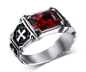 Cruz rubi vermelho preto zircão diamantes pedras preciosas anéis para homens punk gótico jóias de aço inoxidável legal acessórios de moda gift6924355