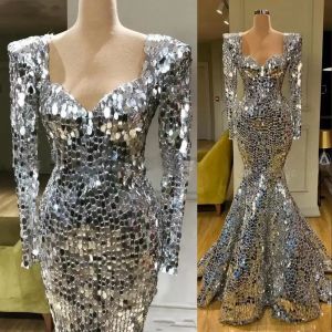 Sparkly Sequins Silver Mermaid Evening Dresses Long Sleeves Arabic Evening Dress Dubai Long Elegant Women Formal Party Gala Gowns CG002