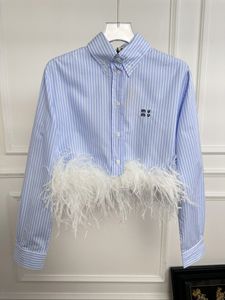 2024 Blue Striped Short Women Shirts Designer Letter Embroidery Ostrich feather Patchwork Blouses Womens 22721