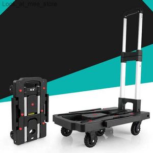 Shopping Carts Portable luggage cart foldable aluminum handcart black tool handcart storage cart with 4 wheels Q240227