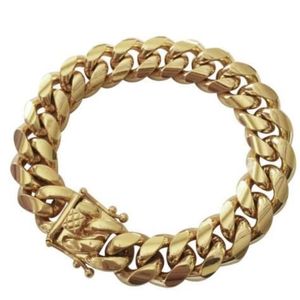 Pulseira masculina Miami Cuban Link aço inoxidável banhado a ouro 18K 14mm280w