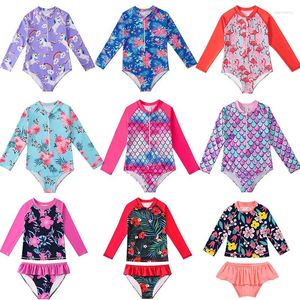 Roupa de banho feminina floral sereia criança bebê menina manga longa infantil trajes de banho brilhante plissado maiô crianças uma peça beachwear