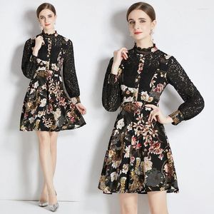 Casual Dresses Autumn Occident Feminino Knee Length Chiffon Patchwork Black Color Lace Hollow Out Full Sleeve A-line Office Vestido