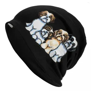 BERETS SHIH TZU DOG BONNET HATS Four Beanie Custom Skullies Beanies 가을 귀여운 남녀 여성 유니쉬 히피 탄성 모자