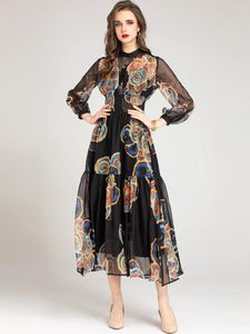 Lässige Kleider Modedesigner Damen Sommer Laterne Ärmel elastische Taille Blumendruck Balck Mesh Vintage langes Partykleid