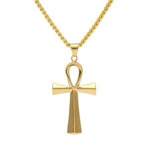 Nytt rostfritt stål Ankh -halsband egyptiska smycken Hip Hop Pendant Iced Out Gold Key to Life Egypt Cross Necklace 24 Chain282s