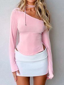Y2K сексуальный летний укороченный топ с открытыми плечами, женская весна 2024, розовая облегающая базовая футболка с длинными рукавами, повседневная футболка 240227