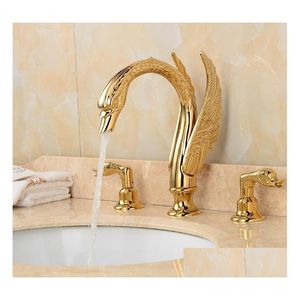 Torneiras de pia do banheiro Soild Copper Gold Finish Torneira de banheiro Torneira de bacia de forma dourada Dual Handle Deck Drop Delivery Home Garden Fauce Dhafy