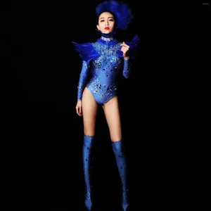 Casual Dresses Rhinestones Feather Blue Dress Sexy Nightclub Full Stones Bodysuit Long Sleeve One-Piece Dancer High Fork Stage Adult Costume