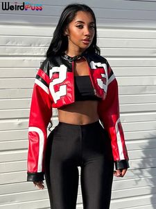 Weird Puss Faux Leather Varsity Jacket Women Hipster Letter Print Autumn Casual Sporty Wild Streetwear Uniform Trend Crop Coat 240226