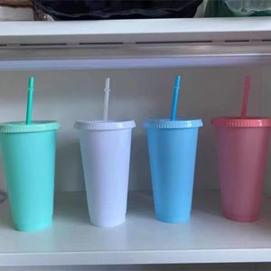 Sublimation Cups 24oz/710ml mug blank Plastic Tumbler Reusable Drinking Flat Bottom Cup Pillar Shape Lid Straw Customizable logo