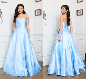 Light Sky Blue Satin Evening Dresses With Lace Appliques Sexy Strapless Open Back Women Formal Party Gowns Floor Length A Line Second Reception Prom Dress CL3336