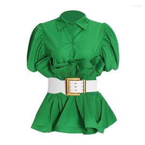 Kvinnor Bluses Green Casual Shirt for Women Elegant Puff Sleeve Slim Blouse With Belt Autumn Winter Fashion Button Ruffle Tops 2024