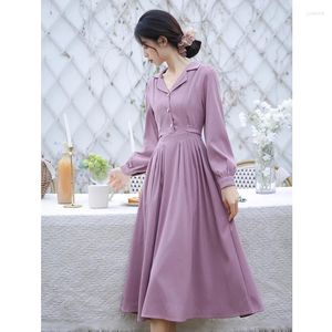 Abiti casual Retro French Chic Style Lavanda Viola Abito longuette medievale Elegante Donna Fiocco in nastro Cena Compleanno Vestido Festa