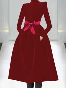 Casual Dresses 2024 Autumn Velvet Clothes Turtleneck Long Sleeve Black Women Dress With Pocket Fashion Bow Slim A-Line Red