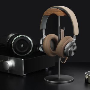 Zubehör Schwarzer Walnussholz-Aluminium-Kopfhörerständer Naturwalnuss Gaming-Headset-Halter mit solider Metallbasis für Tisch-Schreibtisch-Display