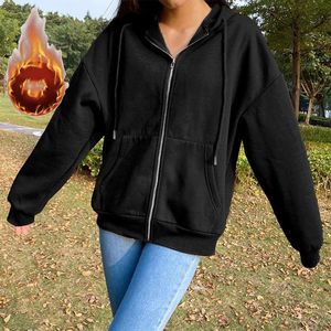 Winter Sweatshirt Hoodie Oversize Fleece Hooded Cardigan Black White Women Clothes Solid Zip Up Hoodies Tops Long Sleeves 240226