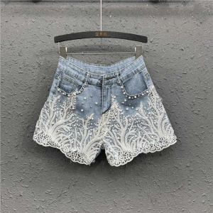 Calças de brim 2022 verão contas strass rendas flor senhoras denim shorts feminino europeu cintura alta lavado calças quentes moda jeans elásticos