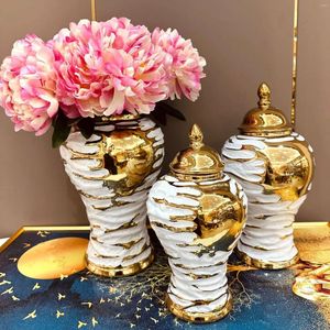 Bottles Gold And White Grain Pottery Jar General Can Storage Tank Ginger Flower Vase Ceramic Ornament Home Decoration Accessories