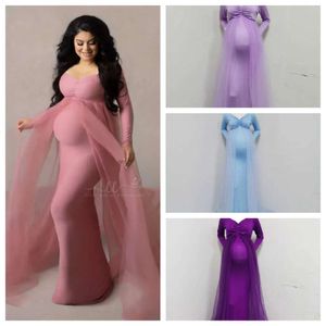 Rosa Maternidade Vestidos Fotografia Props Shoulderless Gravidez Vestido Longo para Mulheres Grávidas Maxi Vestido Baby Showers Photo Shoot Q0713