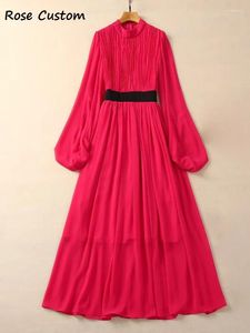 Casual Dresses Red Roosarosee Stand Collar Long Lantern Sleeve Purple Draped Chiffon Dress European Spring Summer Women Vestidos Robe Femme