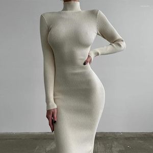 Casual Dresses Autumn Winter Turtleneck Knit Midi Dress For Women Elegant Sexy Long Sleeve Bodycon White Christmas Evening Sweater