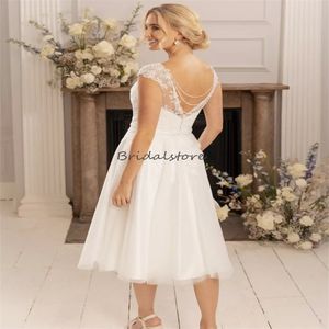 Elegante abito da sposa corto Boho 2024 Sexy backless pizzo spiaggia civile abiti da sposa bohemien manica a cappuccio lunghezza tè abito da sposa country abiti da sposa femenino