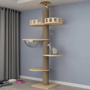 Floor to Ceiling Cat Tree House Height Adjustable Wooden Cat Tower Condo Sisal Rope Cat Scratching Posts Pet Hammock Cat Bed 240220