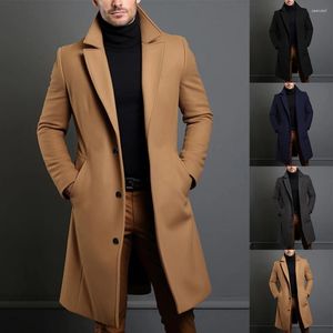 Herrgravrockar atutumn vinter lång varm ullrock för män solid färg enkelbröst lyxblandning-överkrok toppar kläder