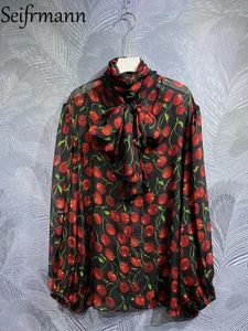 Женские блузки Seifrmann, высокое качество, весенняя женская мода, подиумные рубашки из натурального шелка, свободные рубашки-фонарики с длинным рукавом с вишневым принтом и бантом